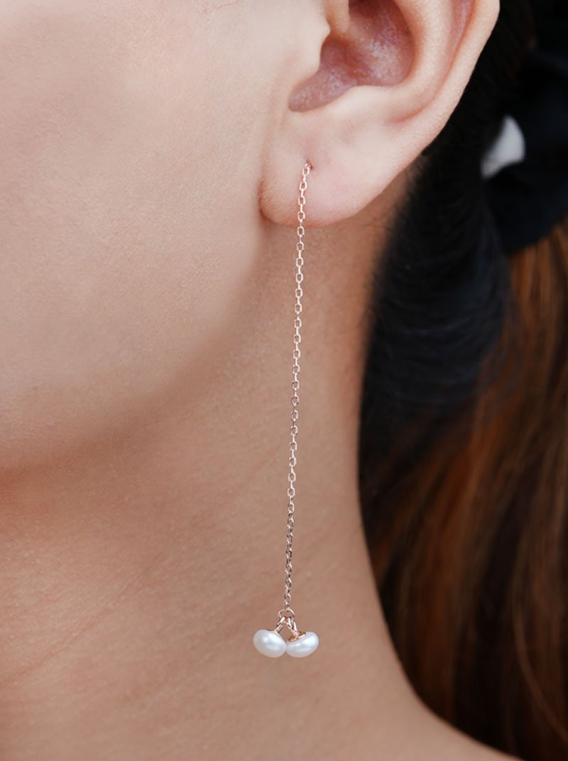 Twin Pearl Threader Earrings (Pure Silver) - Rose Gold